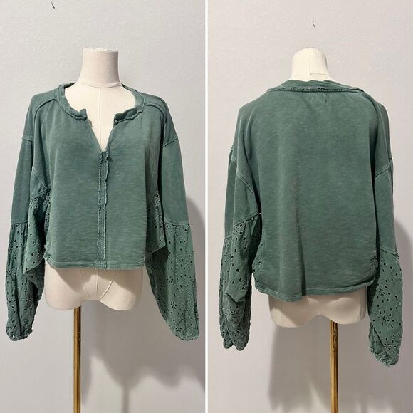 Pilcro Anthropologie Batwing Eyelet Sweatshirt Top Eyelet Embroidered L Boho - Picture 2 of 12